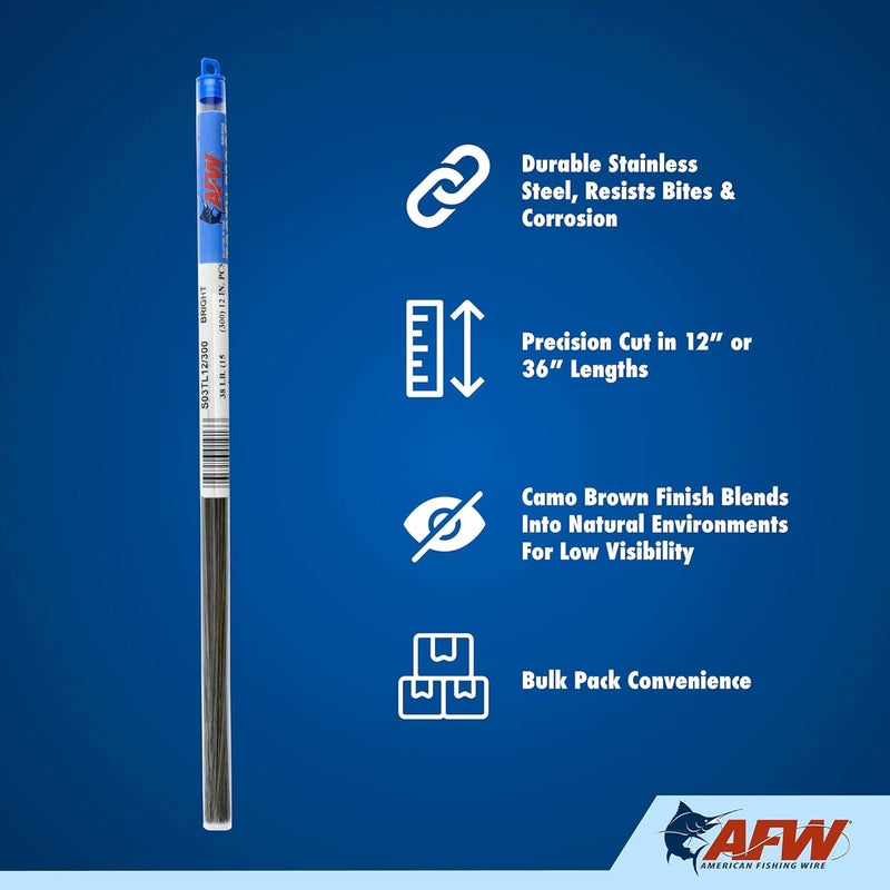 AFW Tooth Proof Stainless Steel Wire Straight Lengths, Camo Finish, 38–69 lb Test, 12" & 36", Leader Wire for Haywire Twist, 100–300 pcs - Image 3